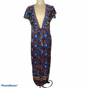 Vintage 70s Style Duster Kimono Robe Floral Bright Print Tie Waist Size S M